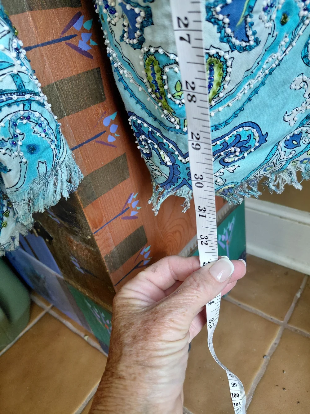 Women’s Light Blue Paisley Drawstring Pants With Bead Detail
